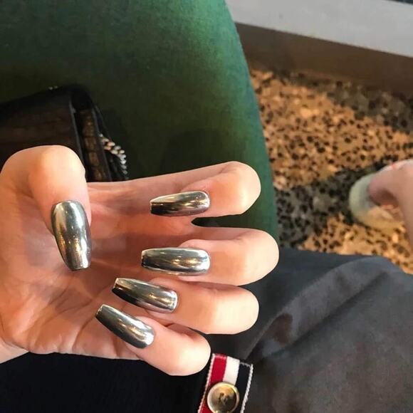 Metal Glossy Long Tapered Coffin Press On Nails Fake False 24 Pc Nail Set - Picture 8 of 8